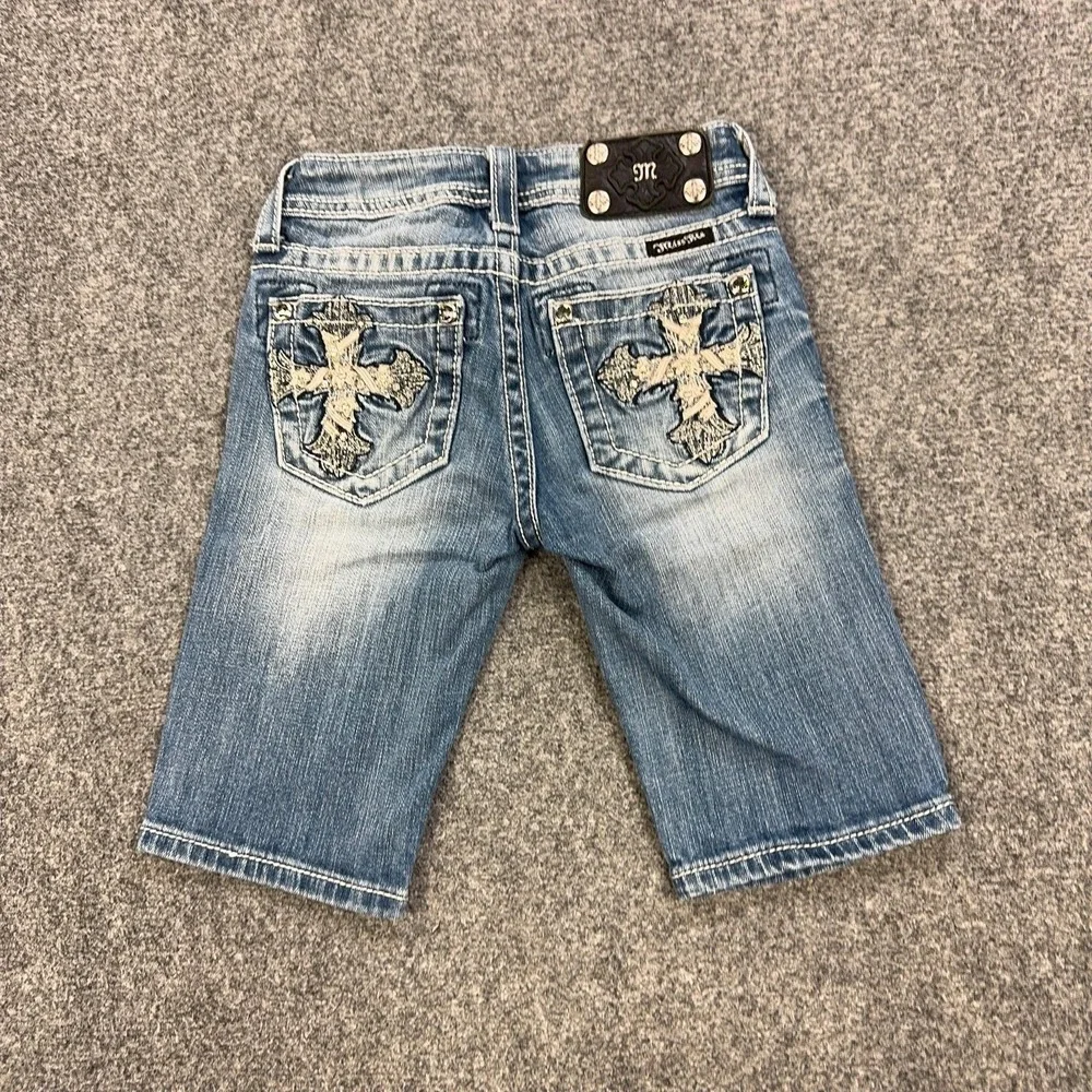 Miss Me Bermuda Shorts Girls 8 Blue Denim Jean Embroidered Cross Pockets JK5445M